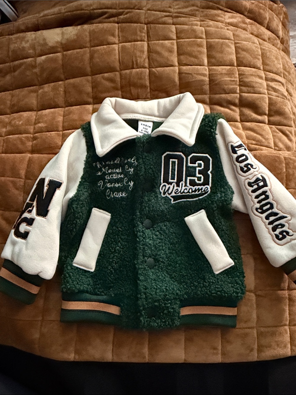 SHEIN Green and Cream Sherpa Varsity Jacket for Kids